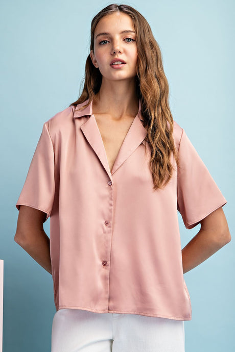 Antique Rose Satin Button Down Top