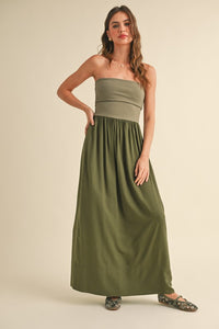 Olive Linen With Ribbed Knitted Top Combo Dress