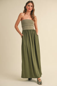 Olive Linen With Ribbed Knitted Top Combo Dress