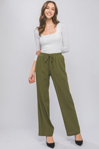 Olive Linen Drawstring Waist Long Pants with Pockets