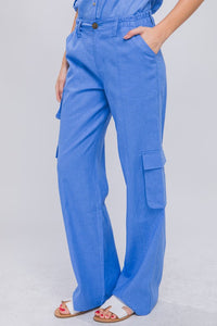 Blue Linen Parachute Pants With Side Pockets