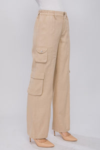 Khaki Linen Parachute Pants With Side Pockets