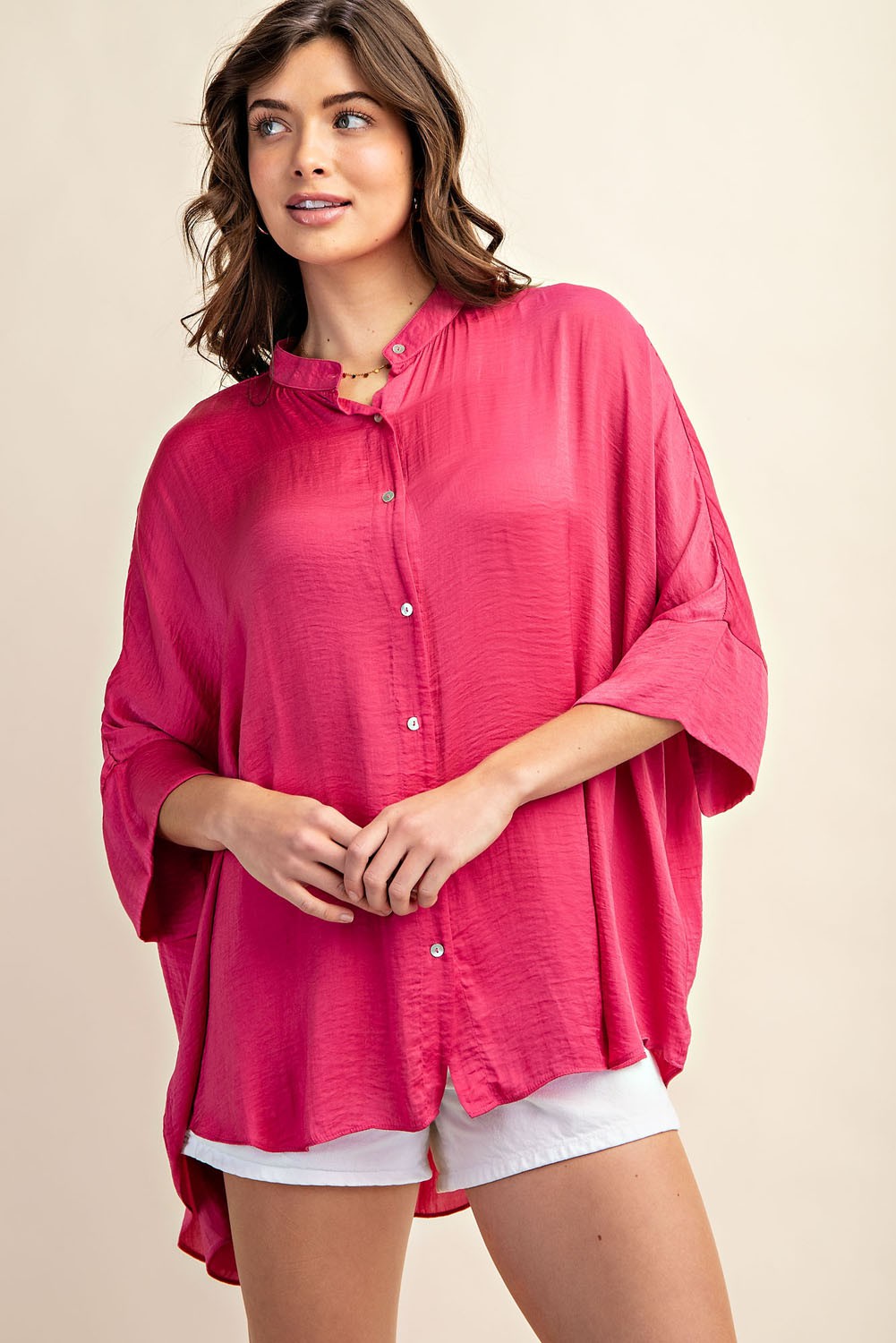 Fuchsia Washed Satin Button Down Loose Fit Top