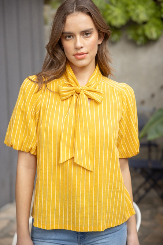 Mustard Front Neck Tie Texture and Striped Top