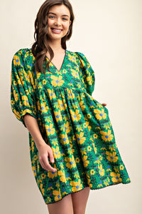 Green/Yellow Floral Print Mini Dress