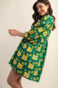 Green/Yellow Floral Print Mini Dress