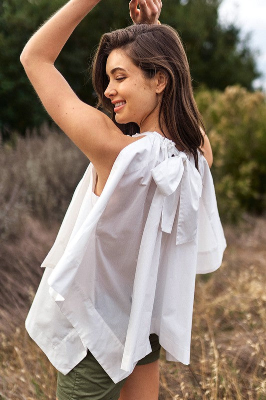 White Bow Back Sleeveless Blouse Top