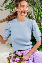 Blue Crew Neck Short Puff Sleeve Rib Knit Top