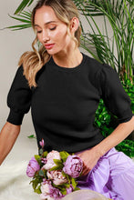 Black Crew Neck Short Puff Sleeve Rib Knit Top