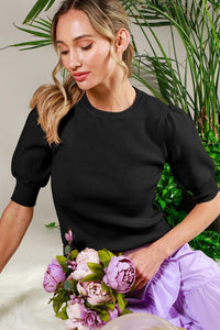 Black Crew Neck Short Puff Sleeve Rib Knit Top