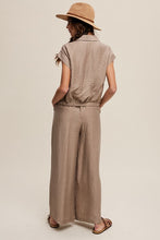 Khaki Button Down Top And Pleated Wide Leg Pants Set
