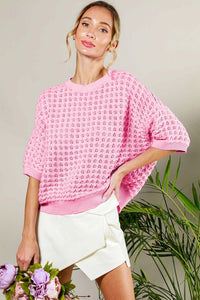 Pink Short Sleeve Pointelle Summer Sweater Top