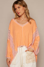 Coral Pink Oversize V-Neck Rib Contrast Frayed Edge Knit Top