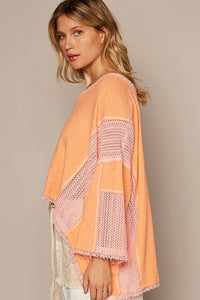 Coral Pink Oversize V-Neck Rib Contrast Frayed Edge Knit Top