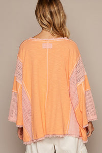 Coral Pink Oversize V-Neck Rib Contrast Frayed Edge Knit Top