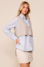 Blue/Grey Striped Button Down Shirt With Knit Vest