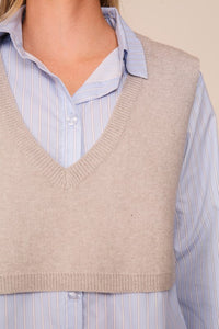 Blue/Grey Striped Button Down Shirt With Knit Vest