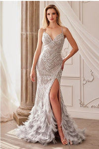 Silver Nude Embellished Feather Mermaid Gown