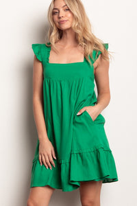 Green Ruffled Solid Linen Backless Mini Dress