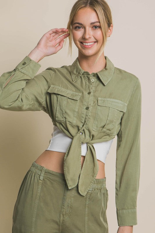 Lt.Olive Long Sleeve Cropped Top with Front Tie Design