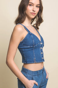 Blue Denim Cropped Vest Top with Buttons