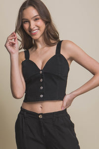 Black Denim Cropped Vest Top with Buttons