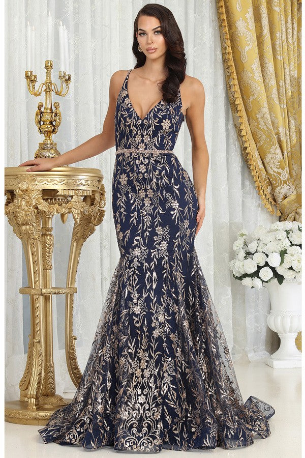 Navy Deep V Neck Golden Glitter Print Mermaid Dress – Aquarius Brand