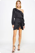 Black One Shoulder Draped Satin Mini Dress