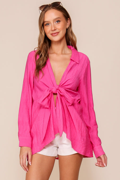 Hot Pink Light Weight Open Shirt With Front Tie