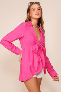 Hot Pink Light Weight Open Shirt With Front Tie