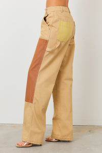 Khaki Color Block Straight Leg Denim Pants