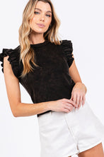 Black Mineral Washed Ruffle Sleeve Top