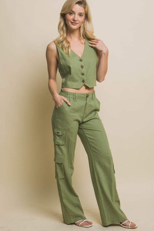 Lt.Olive Linen Parachute Pants With Side Pockets