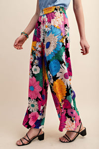 Black Vibrant Floral Print Elastic Waist Pants