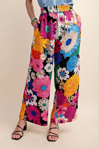 Black Vibrant Floral Print Elastic Waist Pants