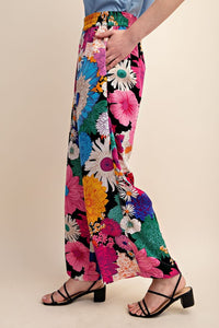 Black Vibrant Floral Print Elastic Waist Pants