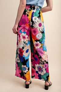 Black Vibrant Floral Print Elastic Waist Pants