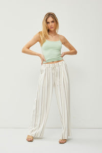 Khaki Striped Linen Blend Wide Leg Pants