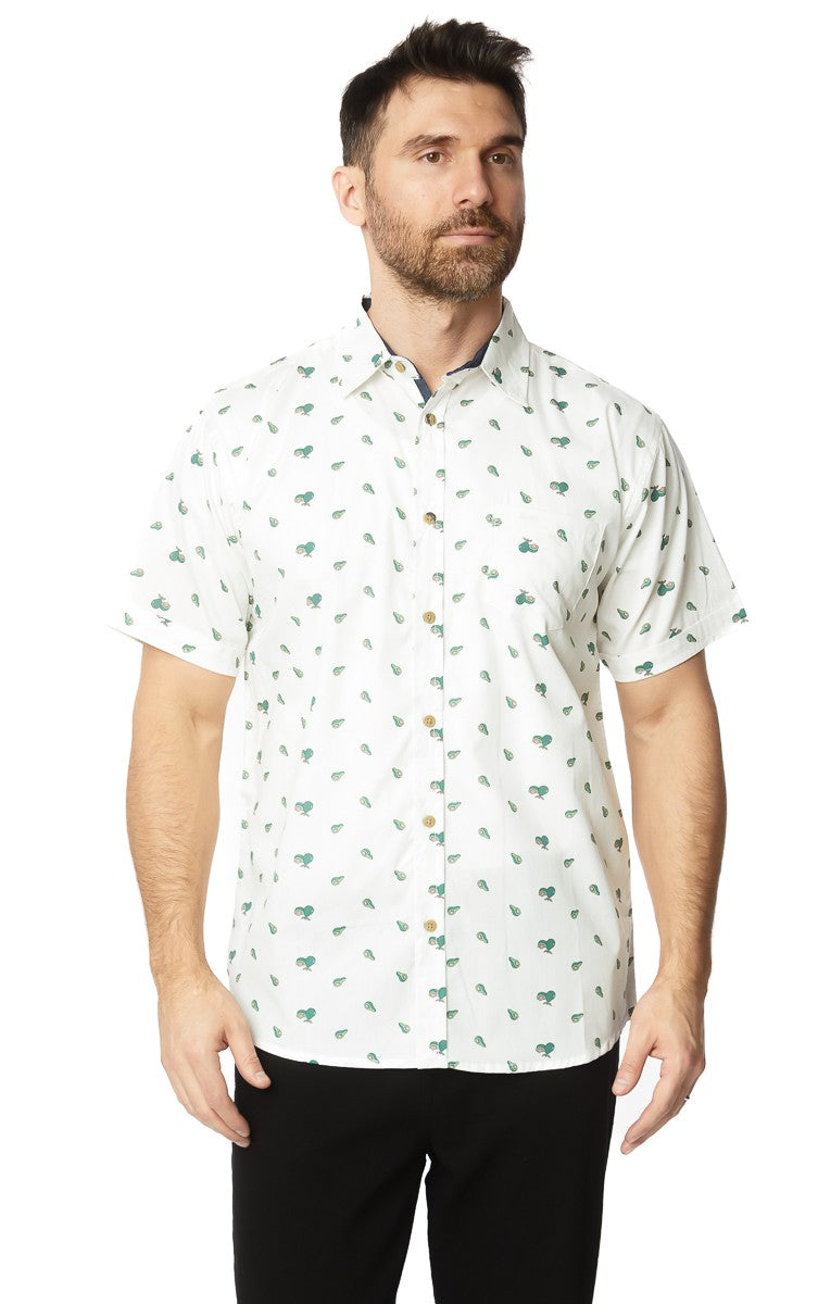 White Mens Printed Woven Short Sleeve Shirt