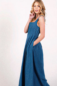 Square Neck Smocking Back Detail Denim Midi Dress