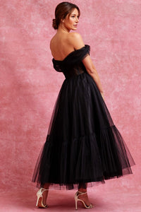 Black Off Shoulder Bustier Illusion Sweetheart Top Midi Dress