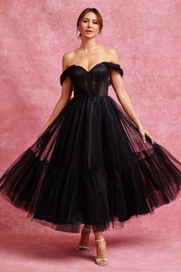 Black Off Shoulder Bustier Illusion Sweetheart Top Midi Dress