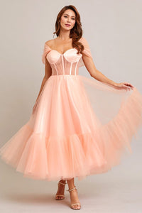 Blush Off Shoulder Bustier Illusion Sweetheart Top Midi Dress