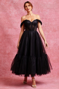 Black Off Shoulder Bustier Illusion Sweetheart Top Midi Dress