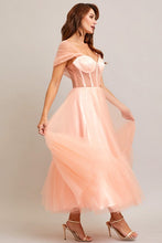 Blush Off Shoulder Bustier Illusion Sweetheart Top Midi Dress