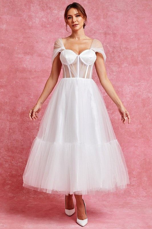 Off White Off Shoulder Bustier Illusion Sweetheart Top Midi Dress