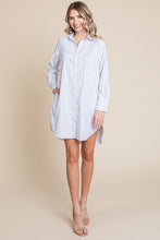 White Stripe Button Down Cotton Long Sleeve Shirt Dress