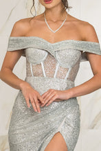 Silver Off The Shoulder Glitter Maxi Dress