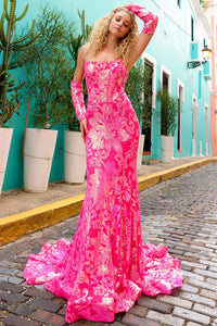 Fuchsia Straight Across Top Sequin Embellished Trumpet Dress