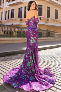 Purple Straight Across Top Sequin Embellished Trumpet Dress